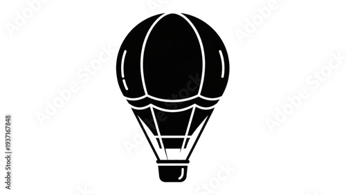 Hot air balloon illustration with basket and burner in simple black and white design