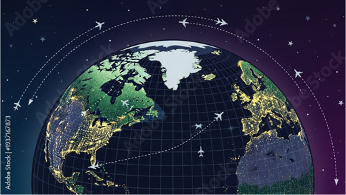 Global Flight Routes and Air Traffic Control Network Surrounding the Earth from Space at Night