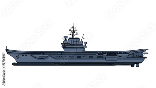 Aircraft Carrier Ship Illustration on Water with Detailed Structure from Side Viewpoint