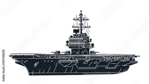 Aircraft carrier at sea with detailed illustration of naval vessel and military equipment on white background from a side view
