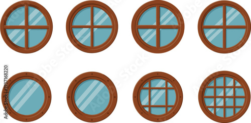 Round Porthole Windows Collection Wooden and Metal Ship Porthole Window Frames Flat Vector Illustration Set