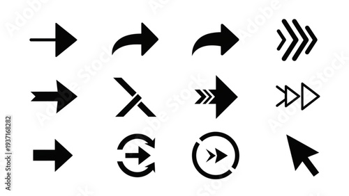 Collection of various black directional arrows and cursor icons on a clean background displayed from a straightforward viewpoint