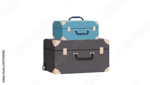 Two vintage suitcases stacked, one on top of the other, illustration of travel gear