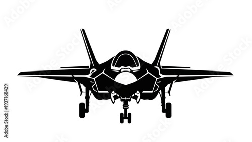 Front view illustration of a fighter jet on runway with landing gear down