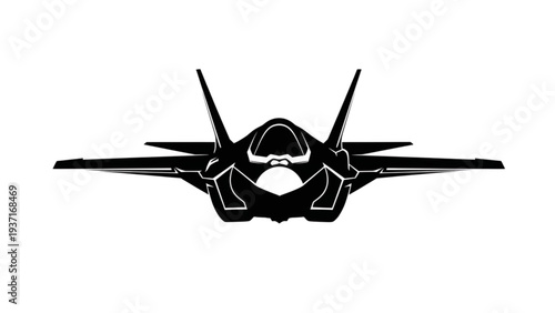 Front view of a sleek fighter jet with angular wings and sharp design elements