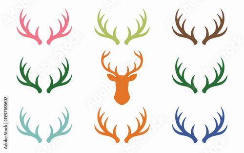 Collection of colorful deer antlers and head silhouettes white background animal