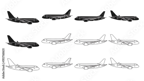 Collection of airplane illustrations in various styles and views on a clean background
