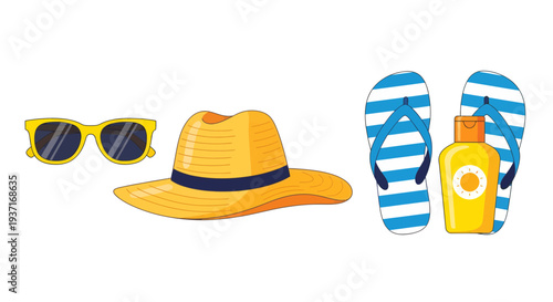 Sunny vacation essentials set trendy sunglasses, classic straw hat, comfortable striped flip-flops, and crucial sun protection, ideal for your next beach getaway