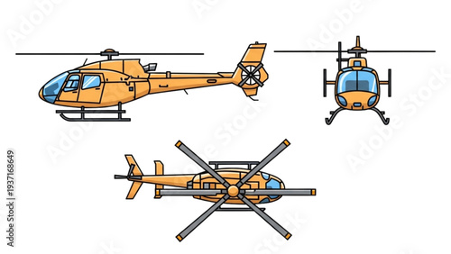Three orange helicopters illustrated from different viewpoints showcasing their rotor blades and sleek designs in a clean white environment