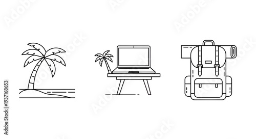 Vector line illustrations depicting modern travel, adventure, and remote work, featuring a tropical palm tree, a digital nomad laptop setup, and a hiking backpack