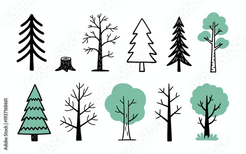 Collection of hand drawn simple trees and a tree stump in black and green forest