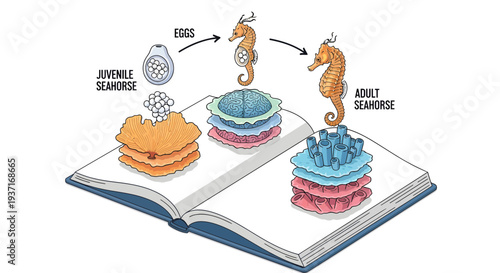 Educational illustration detailing the fascinating life cycle of a seahorse, from its embryonic egg stage to the development of a juvenile and finally a fully grown adult marine creature