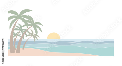 Minimalist tropical beach illustration featuring swaying palm trees on a sandy shore, with calm ocean waves and a golden sun setting peacefully on the horizon