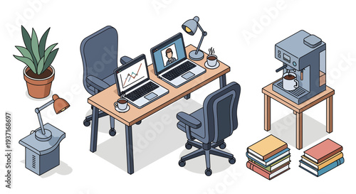 Isometric office workspace illustration with dual workstations, laptops, ergonomic chairs, and modern accessories for a productive remote setup
