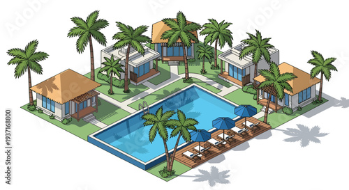 Isometric tropical resort illustration depicting a serene vacation escape with cozy bungalows, a sparkling swimming pool, and lush palm trees, perfect for a peaceful holiday getaway