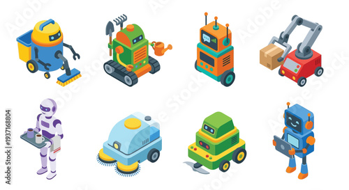 Isometric illustration of various colorful robots performing different tasks
