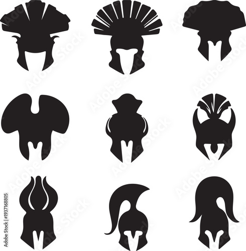 Dynamic assortment of iconic ancient warrior helmet silhouettes rendered in a versatile vector design, showcasing historical headwear for graphic projects