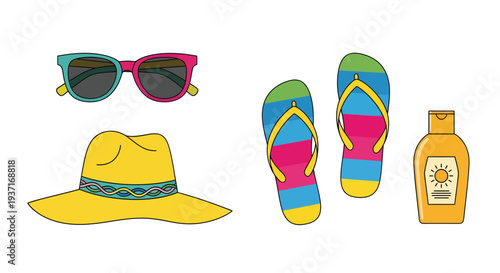 Vibrant collection of summer vacation essentials, including colorful sunglasses, a stylish sun hat, cheerful flip-flops, and vital sun protection, presented as a clean graphic illustration