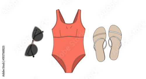 Curated summer essentials flat lay featuring a vibrant coral one-piece swimsuit, trendy sunglasses, and comfortable sandals, ideal for a stylish beach or poolside getaway