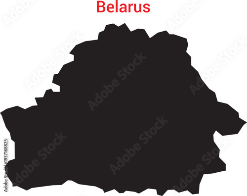 Black silhouette map of belarus with red country name