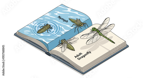 Illustrated Life Cycle of a Dragonfly Detailed Metamorphosis from Aquatic Nymph to Elegant Adult Insect on Pages of an Educational Book