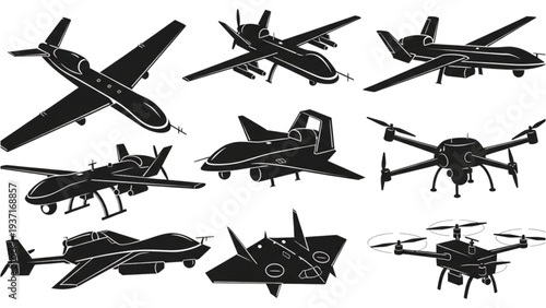 Collection of various aircraft and drones illustrated in black silhouettes from different viewpoints
