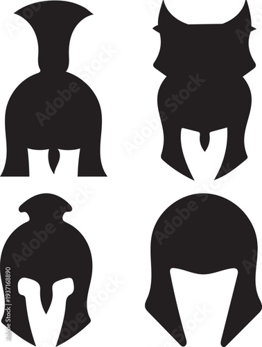 Collection of four distinct historical warrior helmets rendered as black silhouettes on a transparent background