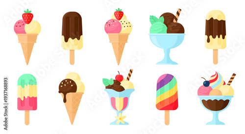 A delightful collection of colorful ice cream cones, popsicles, and sundaes, showcasing a variety of sweet frozen desserts perfect for summer enjoyment and refreshing treats