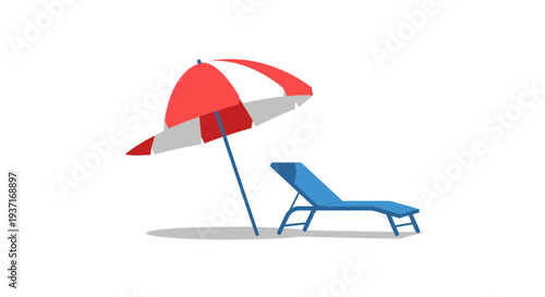 Idyllic summer vacation setup featuring a bright red and white striped beach umbrella and a serene blue lounge chair, evoking feelings of relaxation and sunny leisure