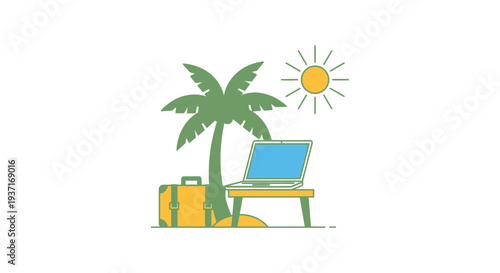 A laptop on a table under a palm tree with a suitcase nearby in a tropical setting on a sunny day