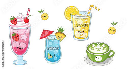 Assorted cartoon beverages including milkshakes and juice with fruit garnishes in various glasses and a cup, depicted in a playful style