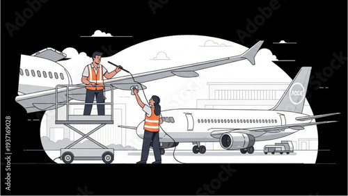 Aircraft maintenance personnel servicing a large commercial airplane on the ground with equipment and tools at an airport terminal