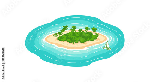 A serene island with lush greenery and palm trees surrounded by calm turquoise waters viewed from above Whisk