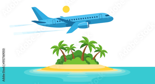 Airplane flying above a tropical island with palm trees and sandy beach, viewed from the side.