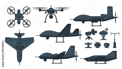 Assorted aircraft and drones silhouetted against a plain backdrop are viewed from various angles