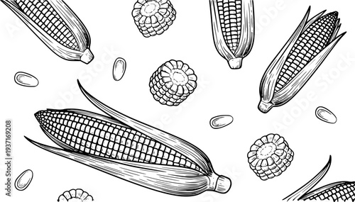 Hand Drawn Corn Cobs and Kernels Scattered a White Background maize food
