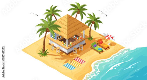 Isometric beach hut with lounge chairs and palm trees on sandy shore with ocean waves