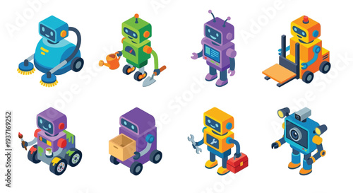 Isometric robots performing various tasks in a colorful geometric style
