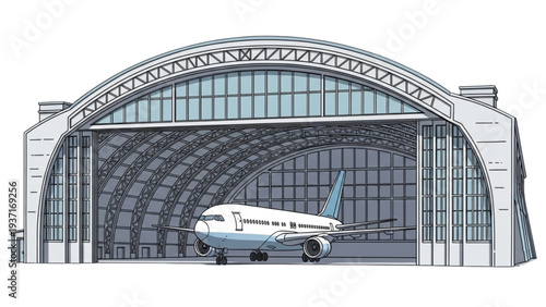 A large airplane is parked inside a spacious hangar with an arched roof and large windows.
