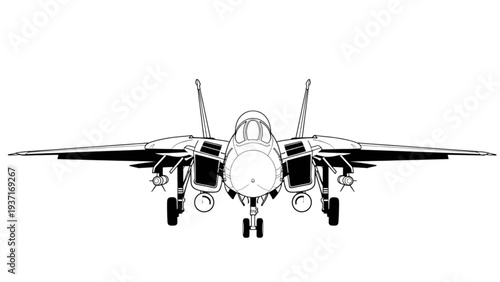 Fighter jet illustration viewed from the front with detailed engines and wings