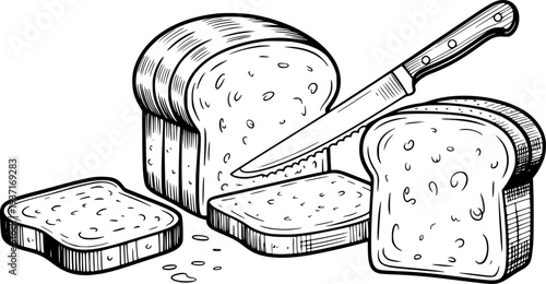 Hand drawn of sliced bread loaf with knife white background slicing food