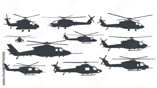 Collection of various helicopter silhouettes displayed from different viewpoints
