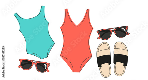 Summer swimwear and accessories arranged neatly on a clean white background viewed from directly above