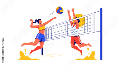 Dynamic illustration of beach volleyball players in action, jumping to hit the ball near the net, captured from a frontal viewpoint.