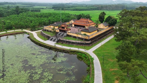 Aerial view of the ancient gia long royal tomb in hue, vietnam, a historic landmark and unesco world heritage site