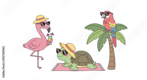 Tropical animal friends flamingo, turtle, and parrot enjoy a sunny beach vacation. Dressed in sunglasses and hats, they embody summer fun, relaxation, and leisure