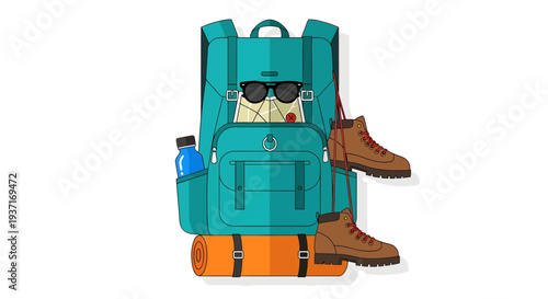 Vibrant flat illustration of a hiking backpack fully packed with sturdy boots, a map, and camping gear, symbolizing outdoor adventure and travel exploration