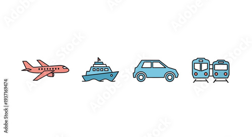 Diverse vector icons representing key transportation methods airplane, ship, car, and trains, perfect for illustrating global travel, logistics, and journey concepts