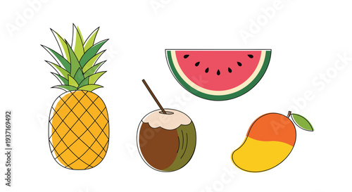 Vibrant and refreshing tropical fruit collection featuring pineapple, watermelon, coconut drink, and mango, perfect for summer designs and healthy lifestyle concepts