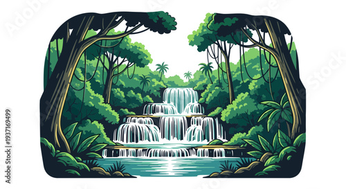 Discover a breathtaking jungle paradise with majestic waterfalls flowing through dense, verdant rainforests, an enchanting spectacle of nature's pristine power and vibrant tranquility